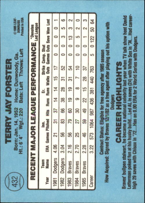 1986 Donruss #432 Terry Forster back image
