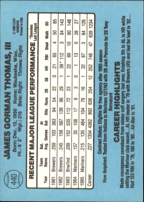 1986 Donruss Baseball "Main Set" Base Cards #221 to #440 - Picture 440 of 440