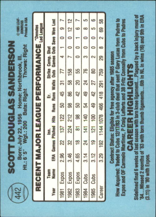 1986 Donruss #442 Scott Sanderson back image