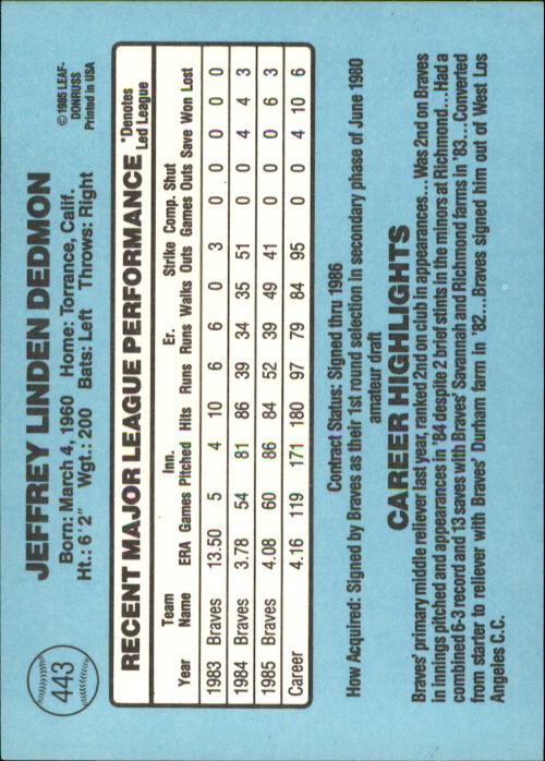 1986 Donruss #443 Jeff Dedmon back image