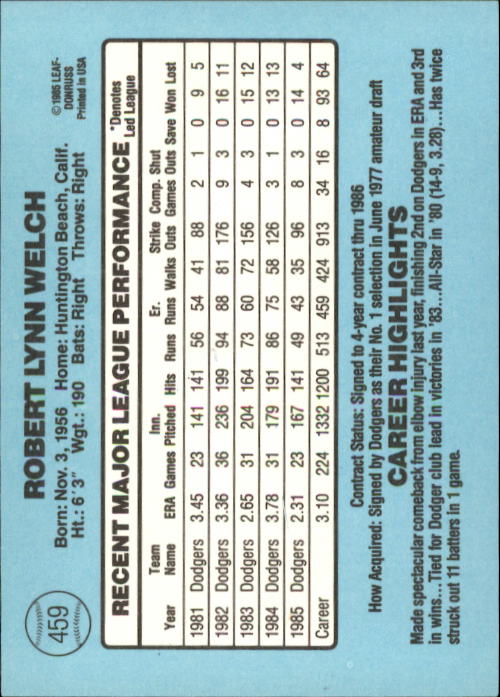 1986 Donruss #459 Bob Welch back image