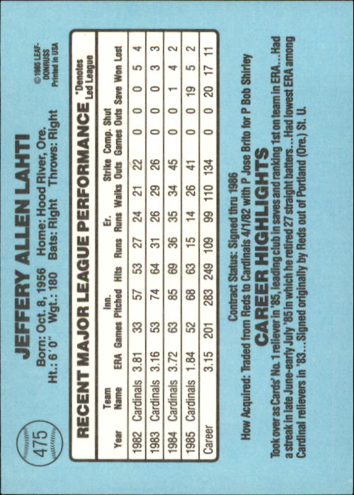 1986 Donruss #475 Jeff Lahti back image
