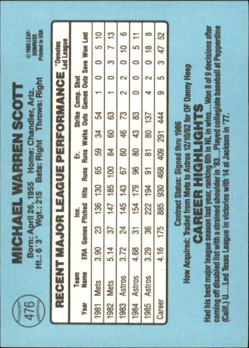 1986 Donruss #476 Mike Scott back image