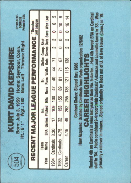 1986 Donruss #504 Kurt Kepshire back image