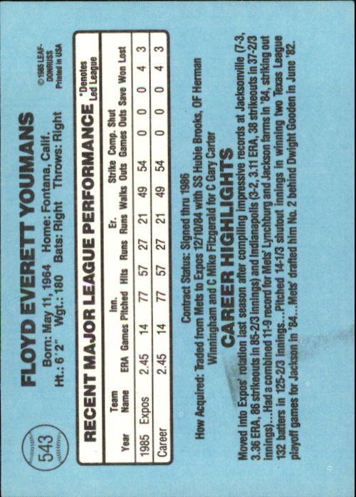 1986 Donruss #543 Floyd Youmans back image