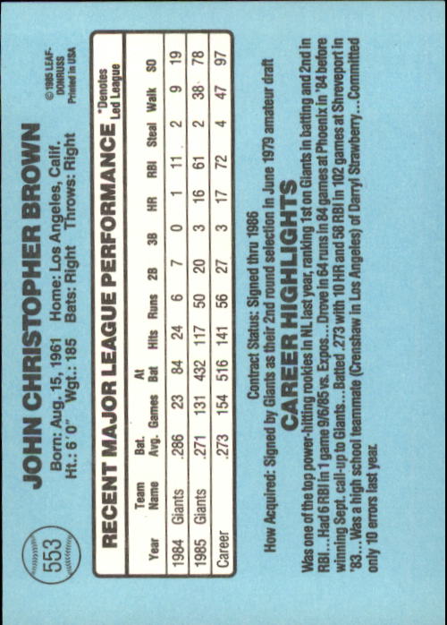 1986 Donruss #553 Chris Brown RC back image