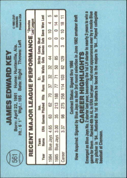 1986 Donruss #561 Jimmy Key back image