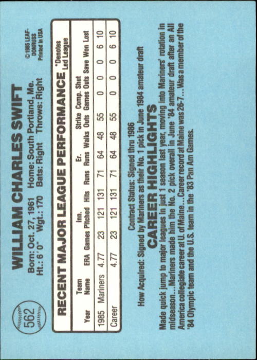 1986 Donruss #562 Bill Swift back image