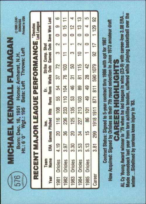 1986 Donruss #576 Mike Flanagan back image