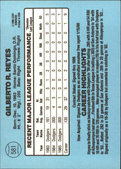 1986 Donruss #581 Gilberto Reyes back image