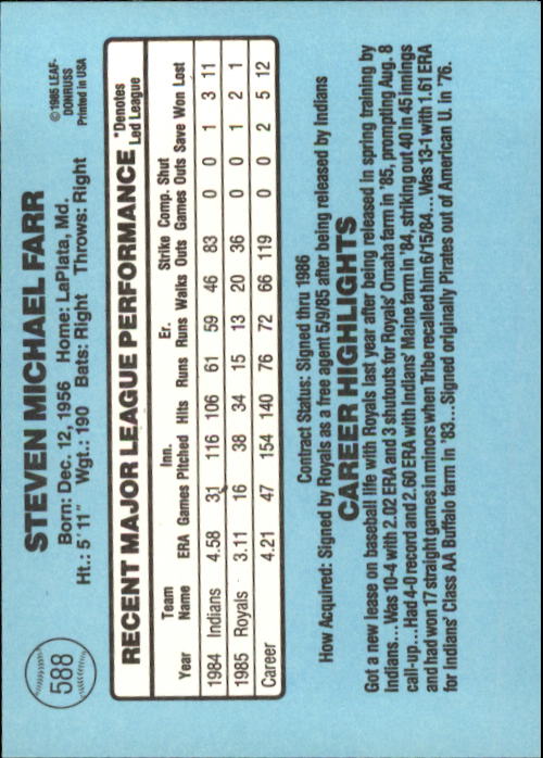 1986 Donruss #588 Steve Farr back image