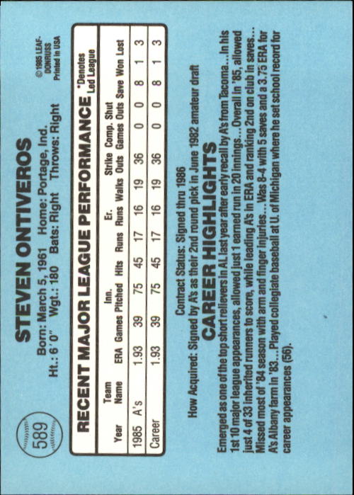 1986 Donruss #589 Steve Ontiveros RC back image