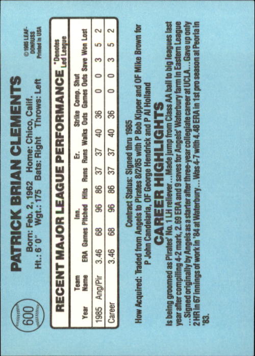 1986 Donruss #600 Pat Clements back image