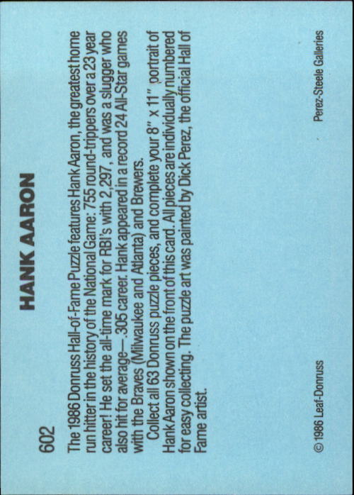 1986 Donruss #602 Hank Aaron Puzzle back image
