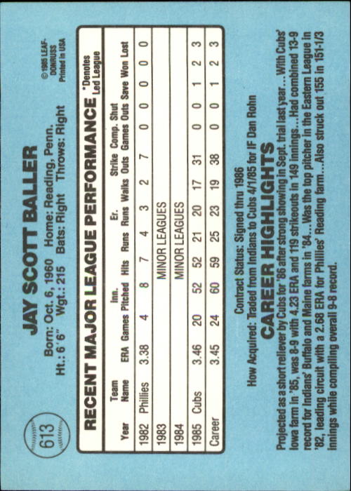 1986 Donruss #613 Jay Baller back image