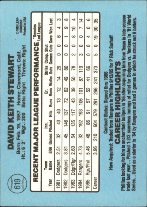 1986 Donruss #619 Dave Stewart back image