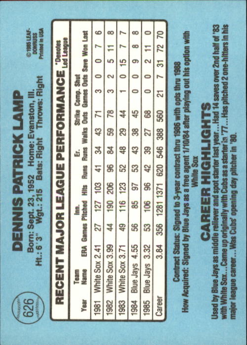 1986 Donruss #626 Dennis Lamp back image