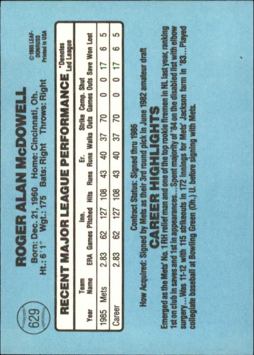 1986 Donruss #629 Roger McDowell RC* back image