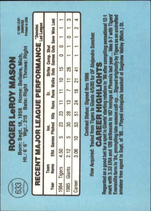 1986 Donruss #633 Roger Mason RC back image