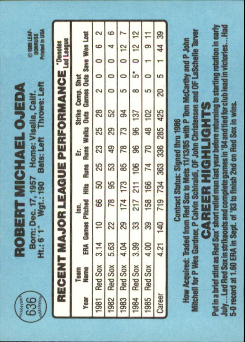 1986 Donruss #636 Bob Ojeda back image