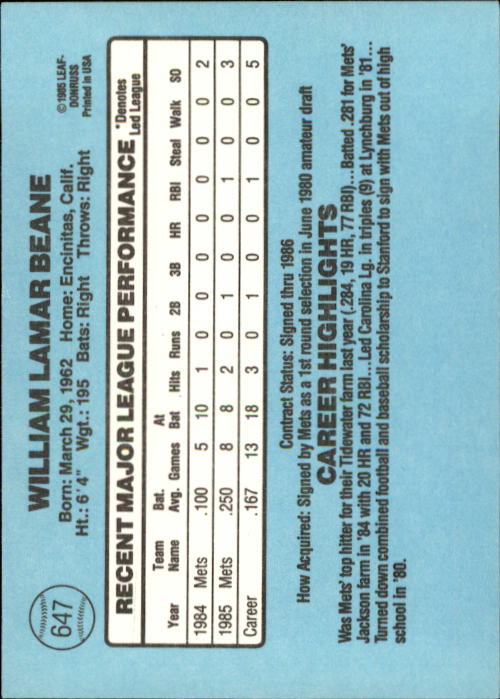 BILLY BEANE RC 1986 Donruss 647 Baseball Card New York Mets 