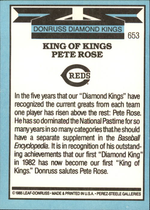 1986 Donruss #653 Pete Rose KING back image
