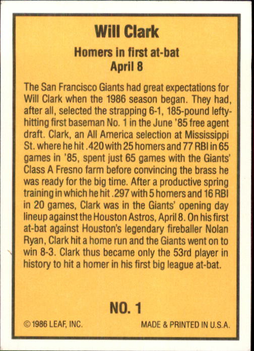 1986 Donruss Highlights #1 Will Clark back image