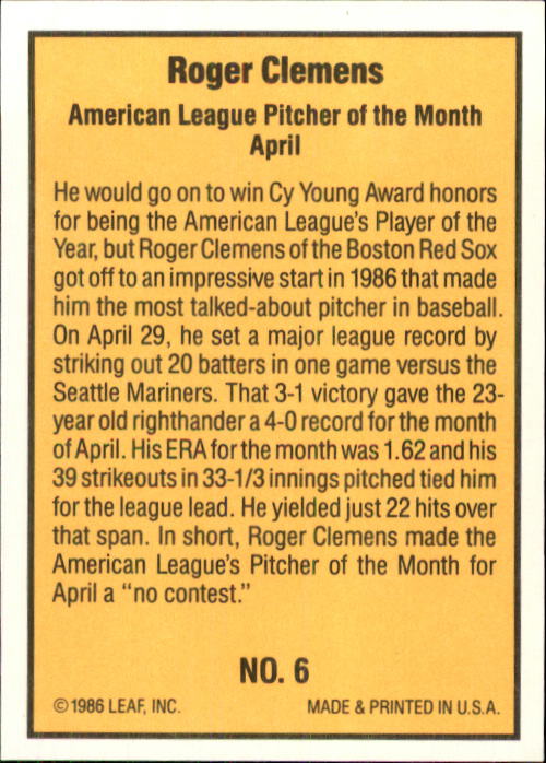 1986 Donruss Highlights #6 Roger Clemens back image