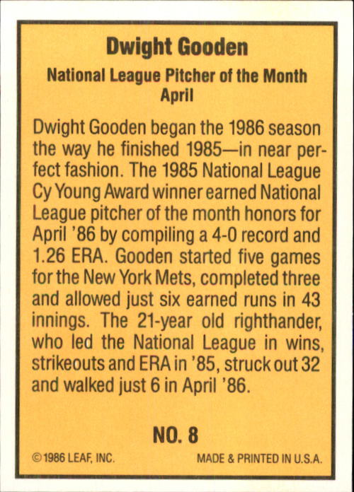 1986 Donruss Highlights #8 Dwight Gooden back image