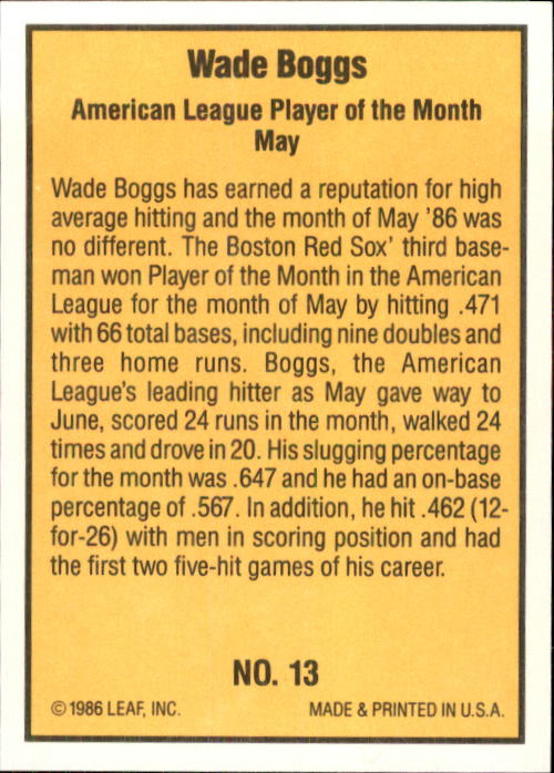 1986 Donruss Highlights #13 Wade Boggs back image