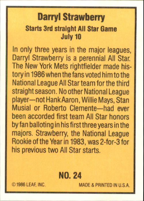 1986 Donruss Highlights #24 Darryl Strawberry back image