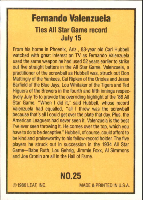 1986 Donruss Highlights #25 Fernando Valenzuela back image