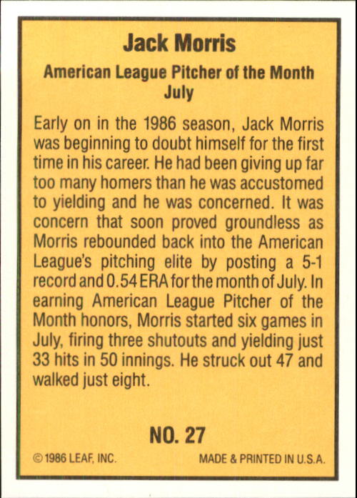 1986 Donruss Highlights #27 Jack Morris back image