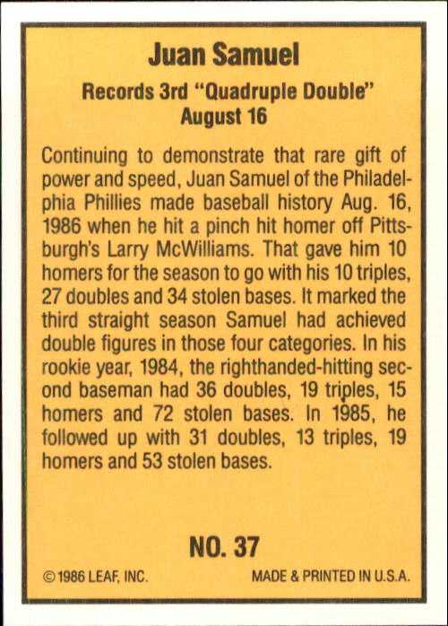 1986 Donruss Highlights #37 Juan Samuel back image