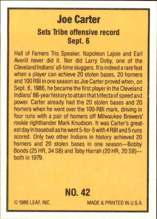 1986 Donruss Highlights #42 Joe Carter back image