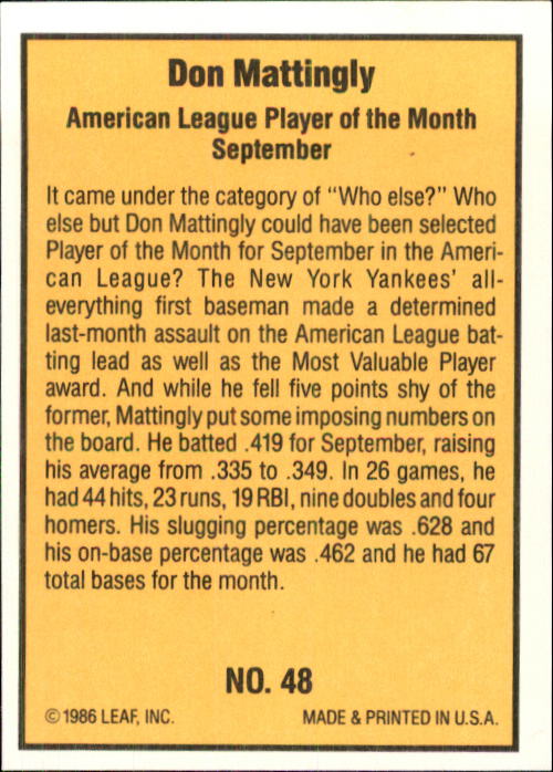 1986 Donruss Highlights #48 Don Mattingly back image