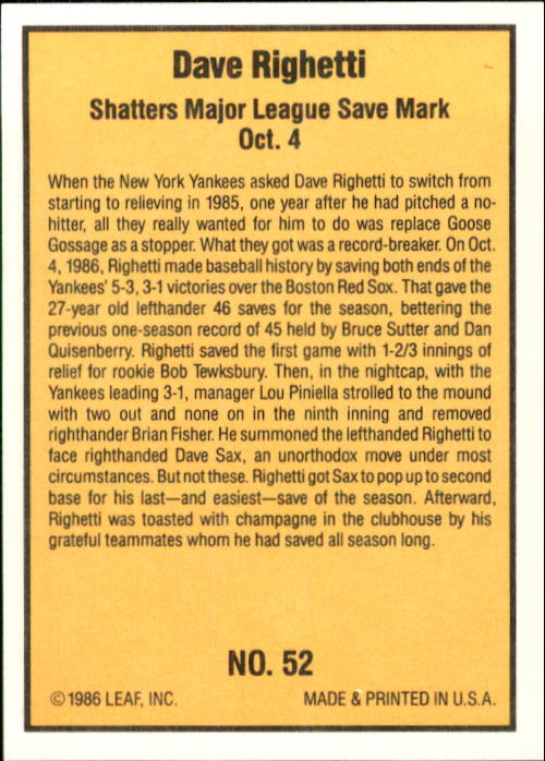 1986 Donruss Highlights #52 Dave Righetti back image