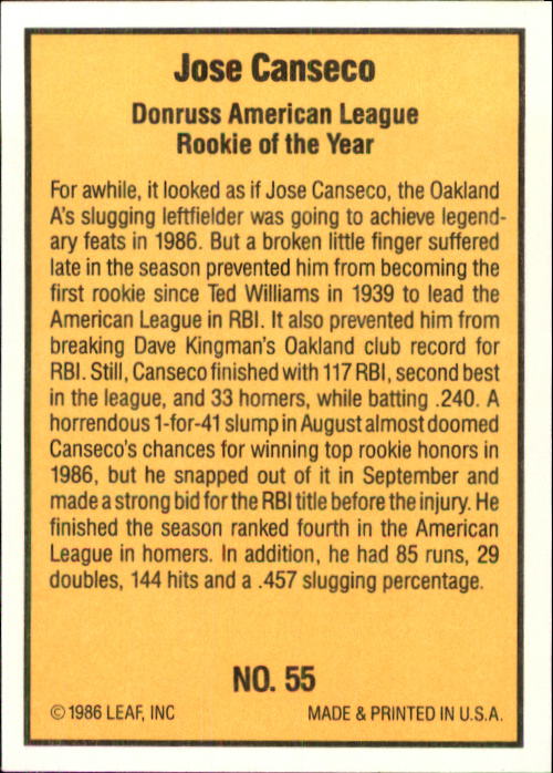 1986 Donruss Highlights #55 Jose Canseco back image