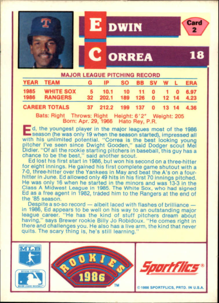 1986 Sportflics Rookies #2 Edwin Correa back image