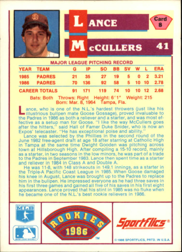 1986 Sportflics Rookies #8 Lance McCullers back image