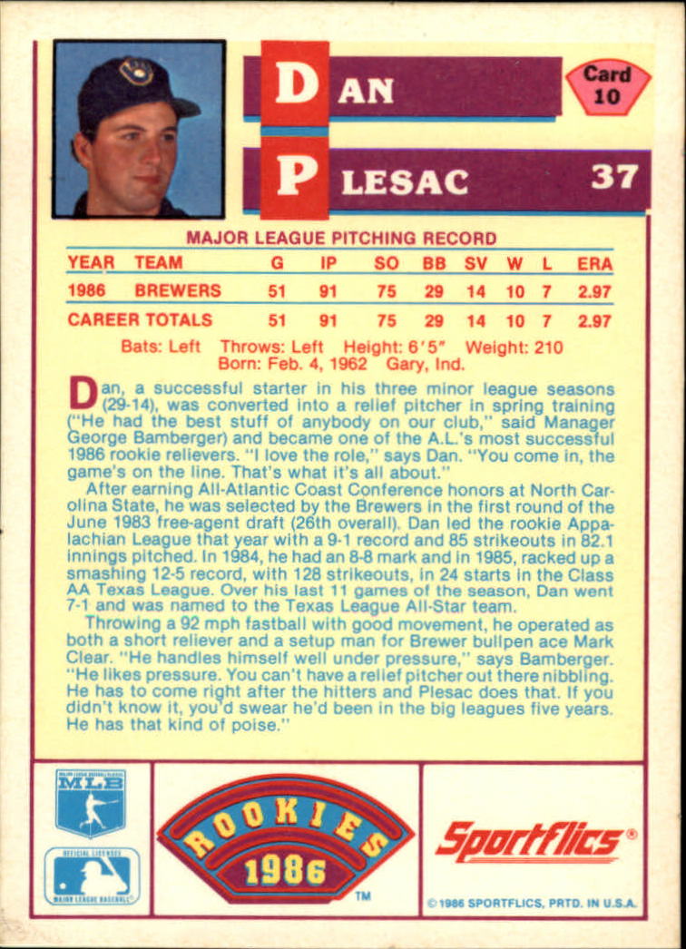1986 Sportflics Rookies #10 Dan Plesac back image