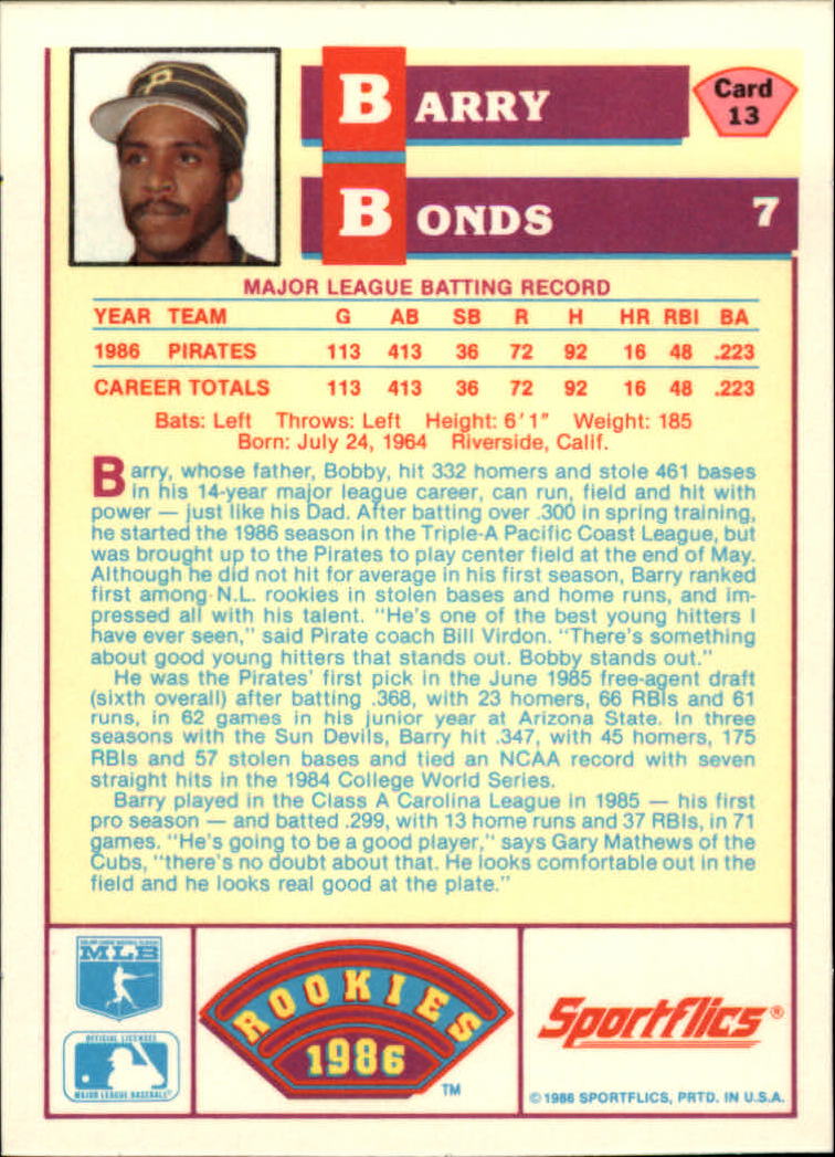 1986 Sportflics Rookies #13 Barry Bonds back image