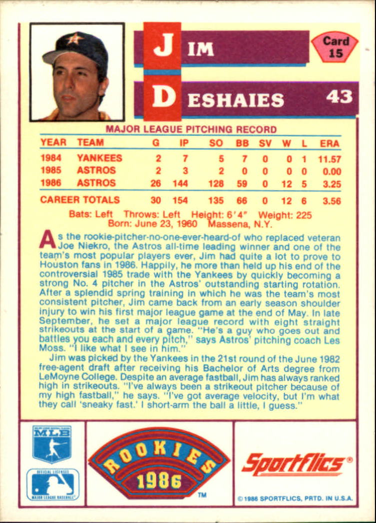 1986 Sportflics Rookies #15 Jim Deshaies back image