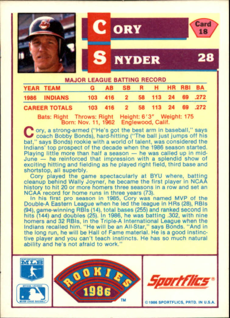 1986 Sportflics Rookies #18 Cory Snyder back image