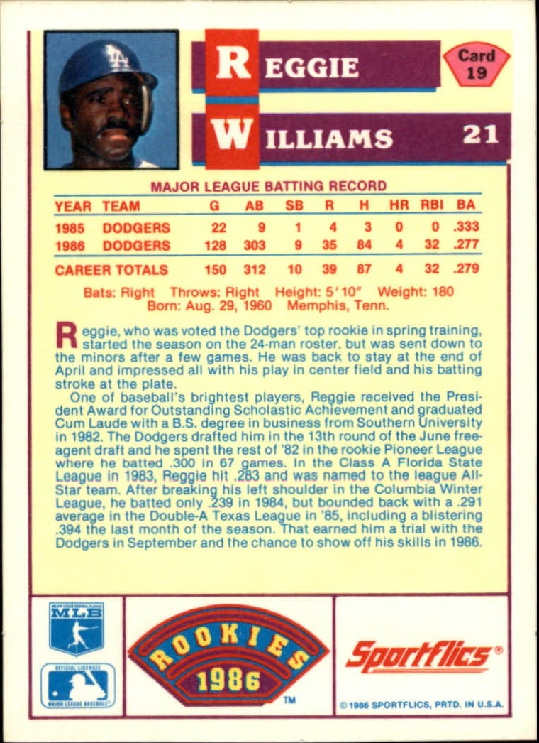 1986 Sportflics Rookies #19 Reggie Williams back image