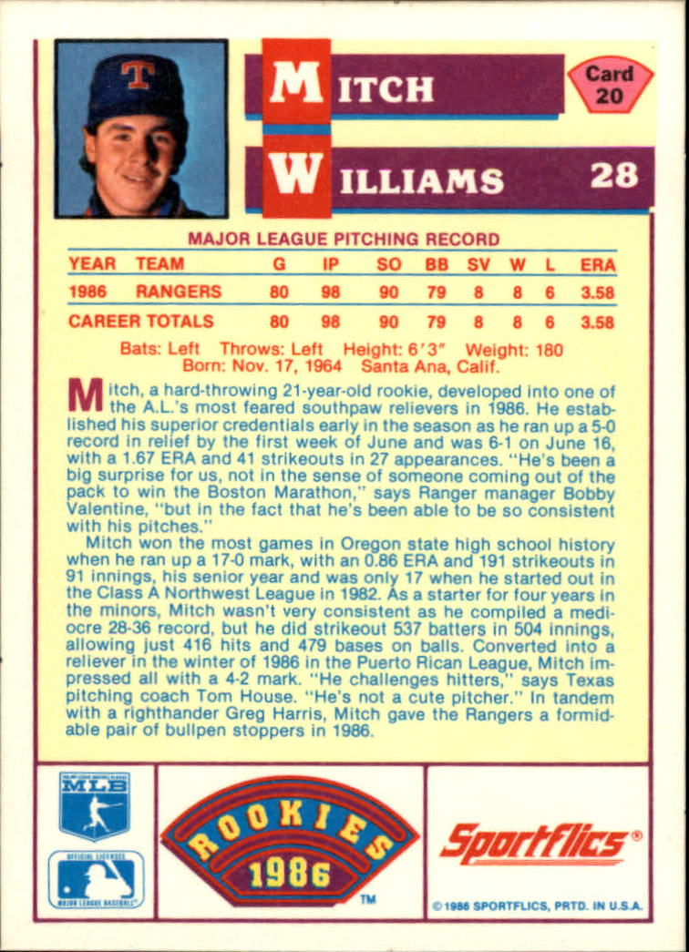 1986 Sportflics Rookies #20 Mitch Williams back image