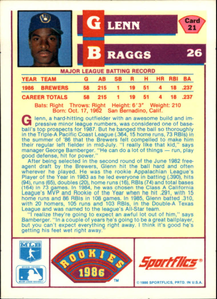 1986 Sportflics Rookies #21 Glenn Braggs back image