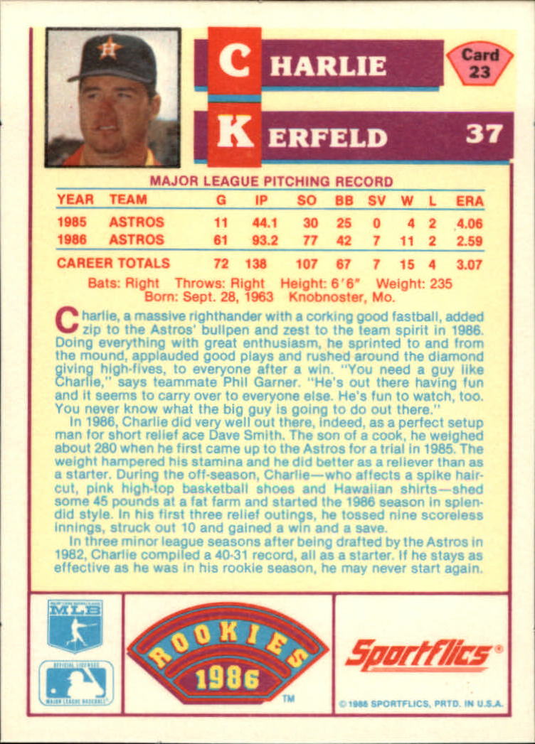 1986 Sportflics Rookies #23 Charlie Kerfeld back image