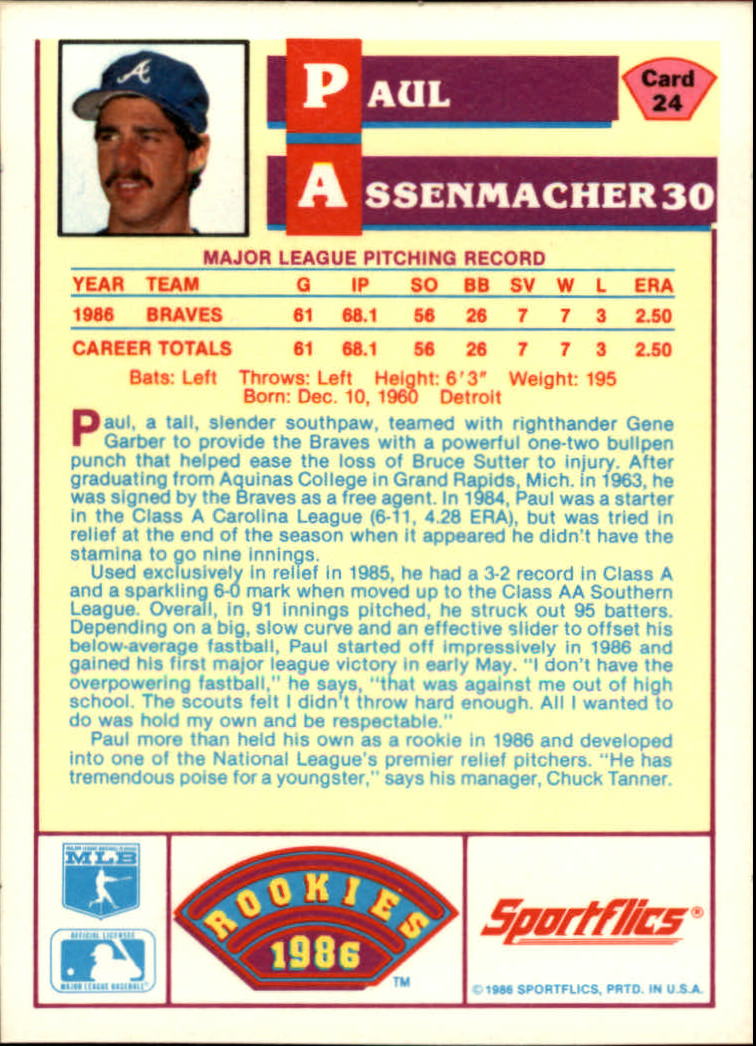 1986 Sportflics Rookies #24 Paul Assenmacher back image