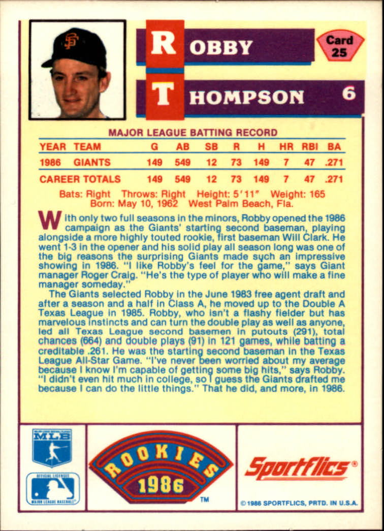 1986 Sportflics Rookies #25 Robby Thompson back image